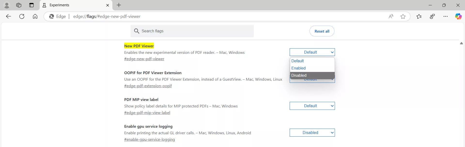 disable New PDF viewer in Edge