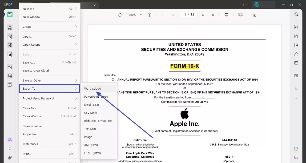 select export to word option