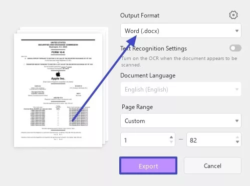 choose word and hit export