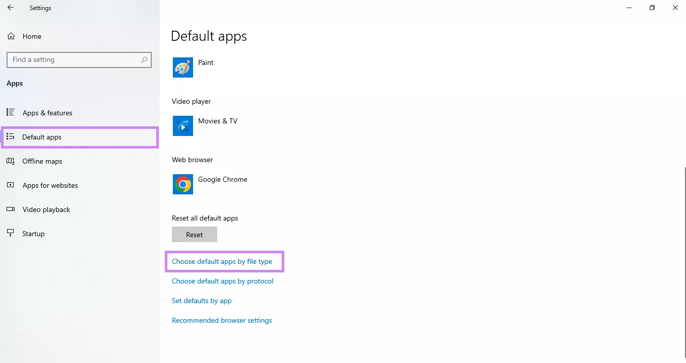 go to choose default apps by file type.