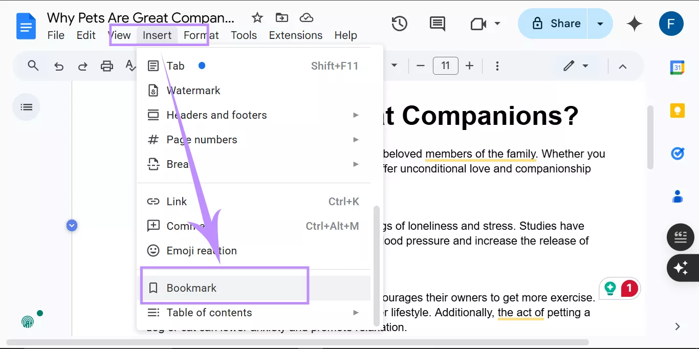 insert bookmarks to selected content google docs