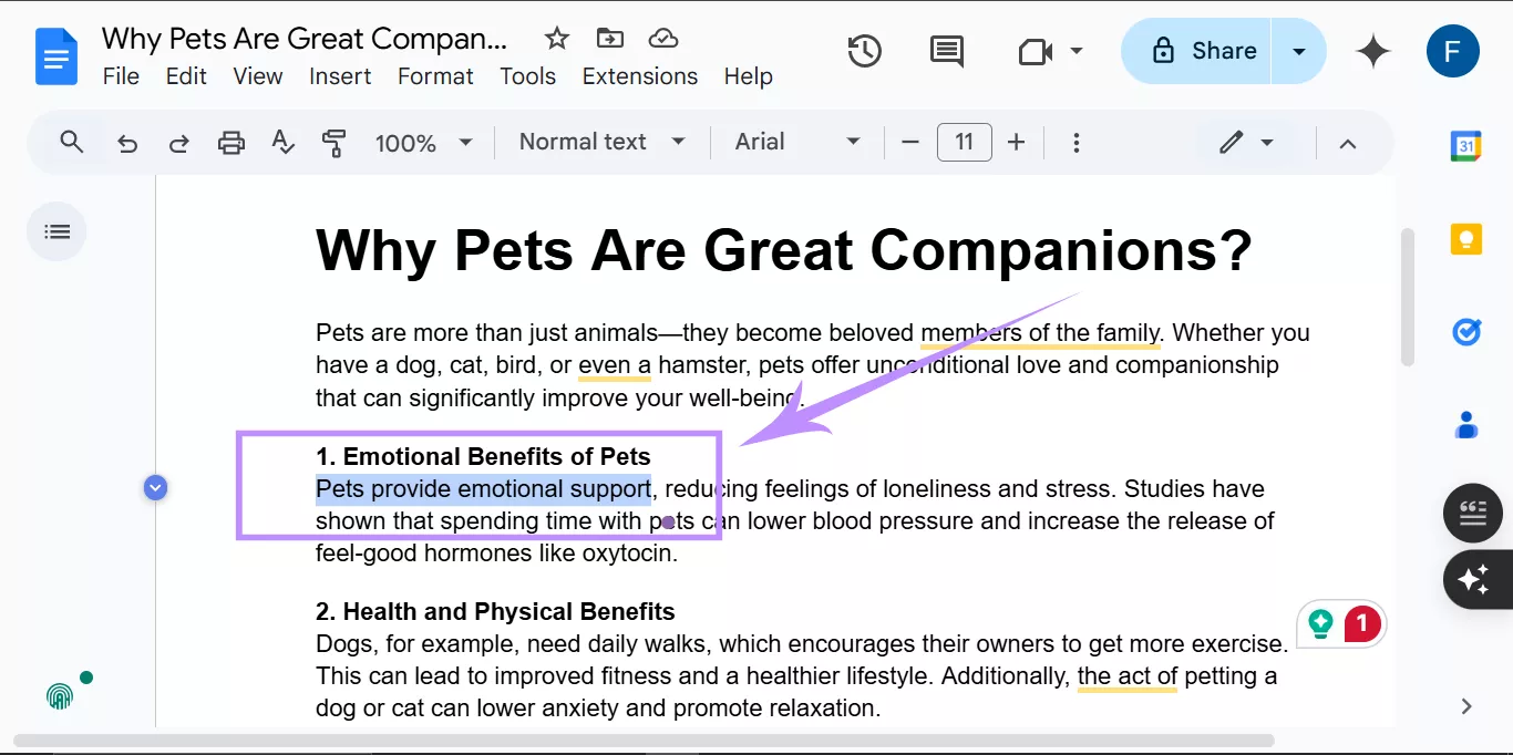 select the content to add bookmarks google docs