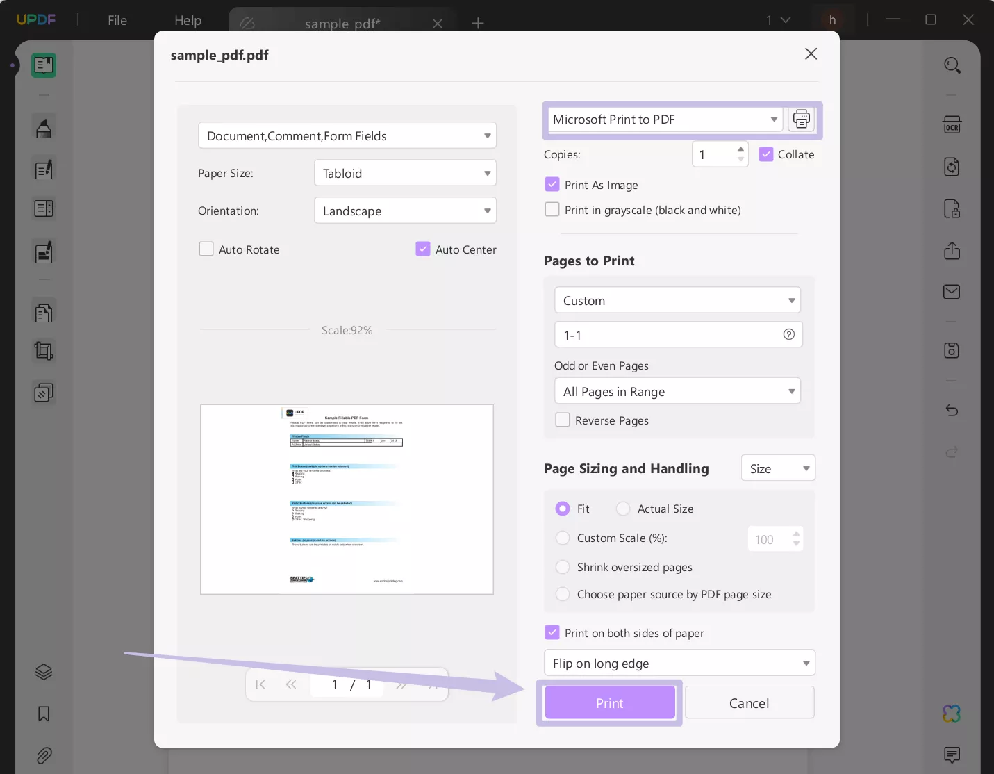 settings to print fillable pdf forms with updf