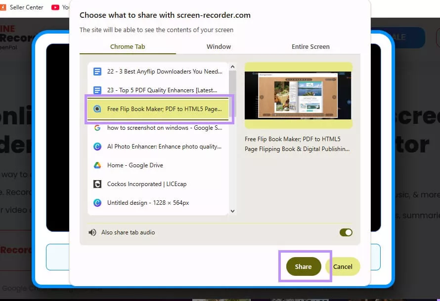 share the any flip tab to record