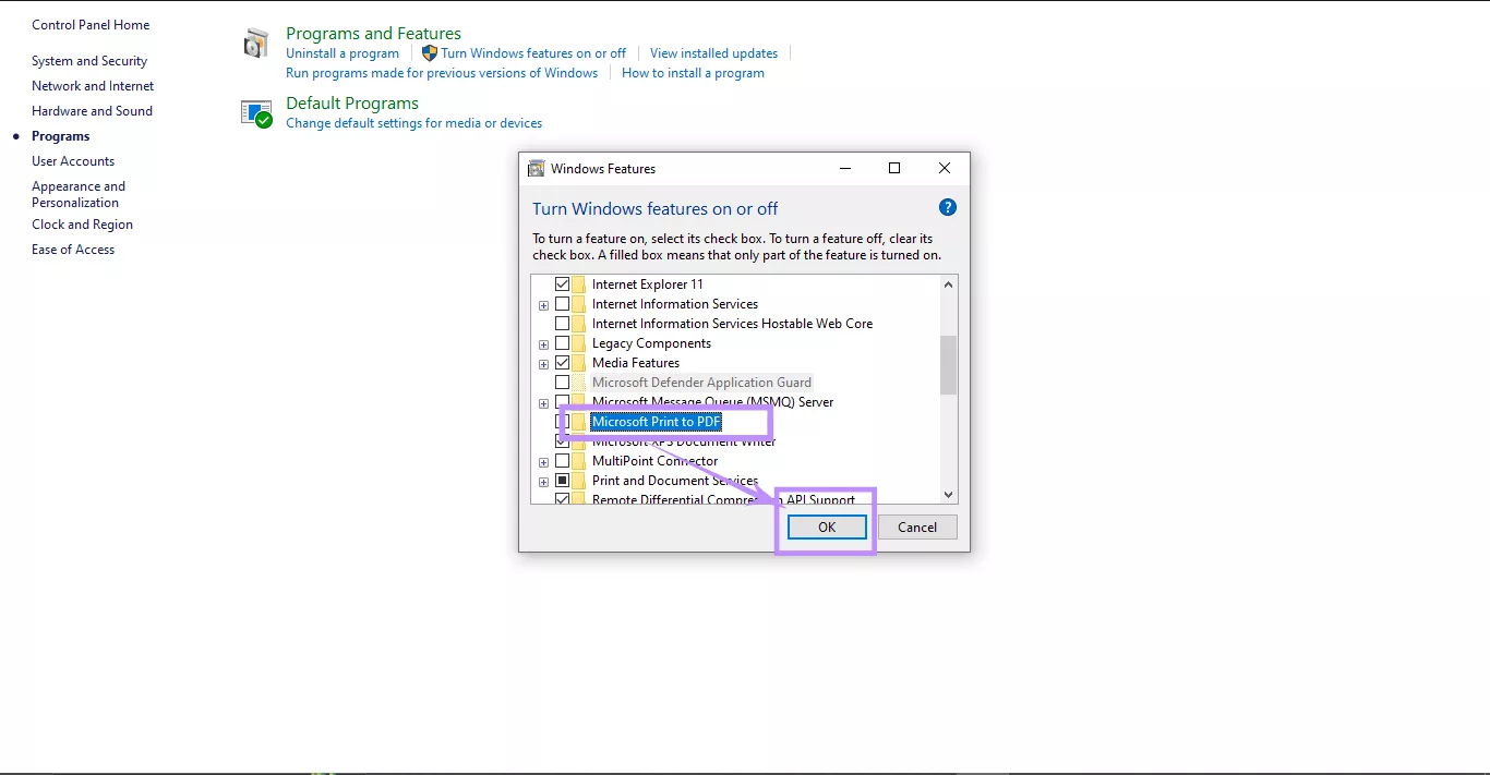 uncheck microsoft print to pdf
