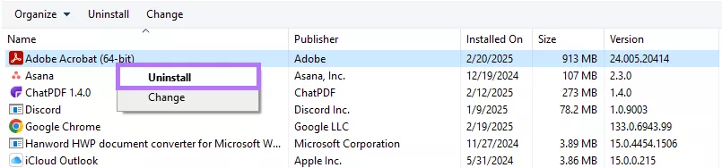 uninstall adobe acrobat