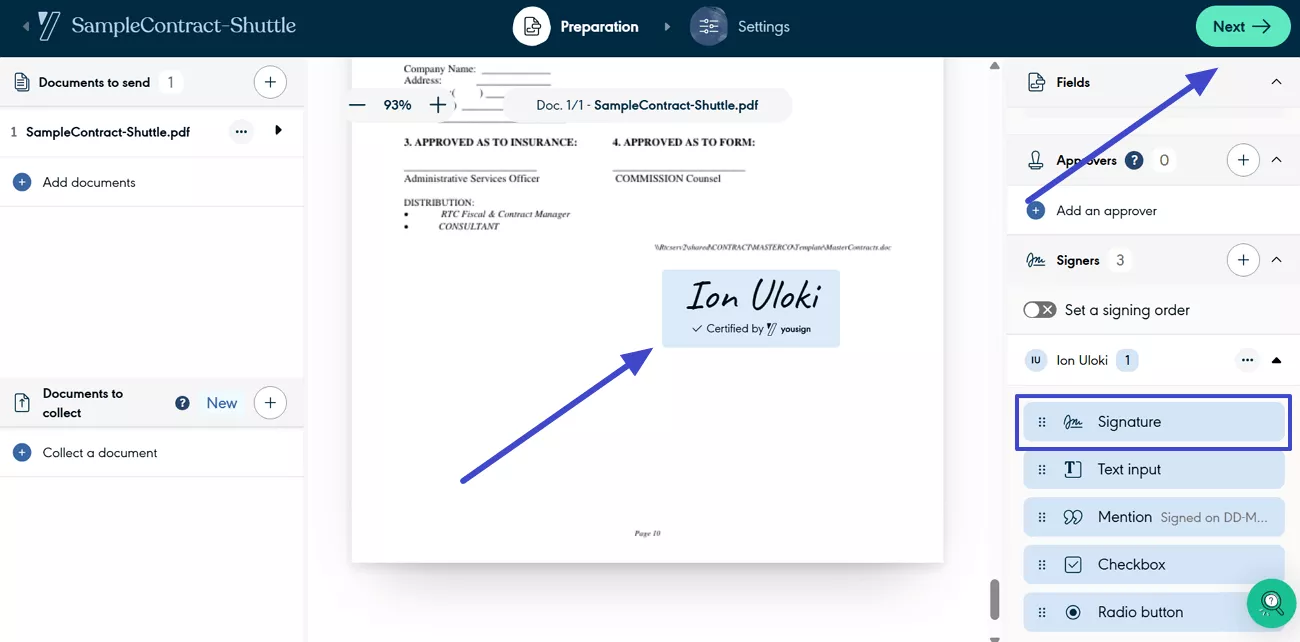 add the signature field yousign