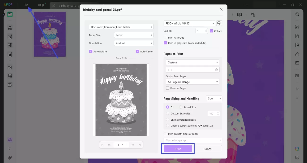 print birthday card with preferred settings