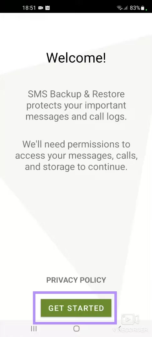 click get started and proceed sms backup and restore
