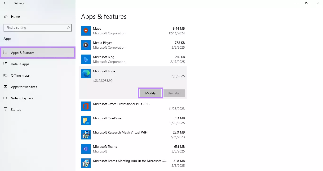 click modify for microsoft edge