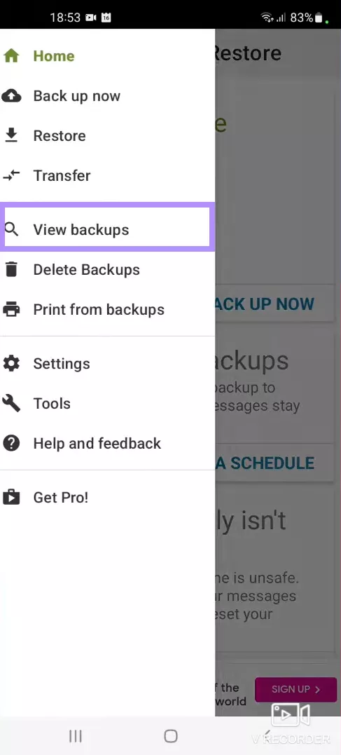 click view backups backup and restore