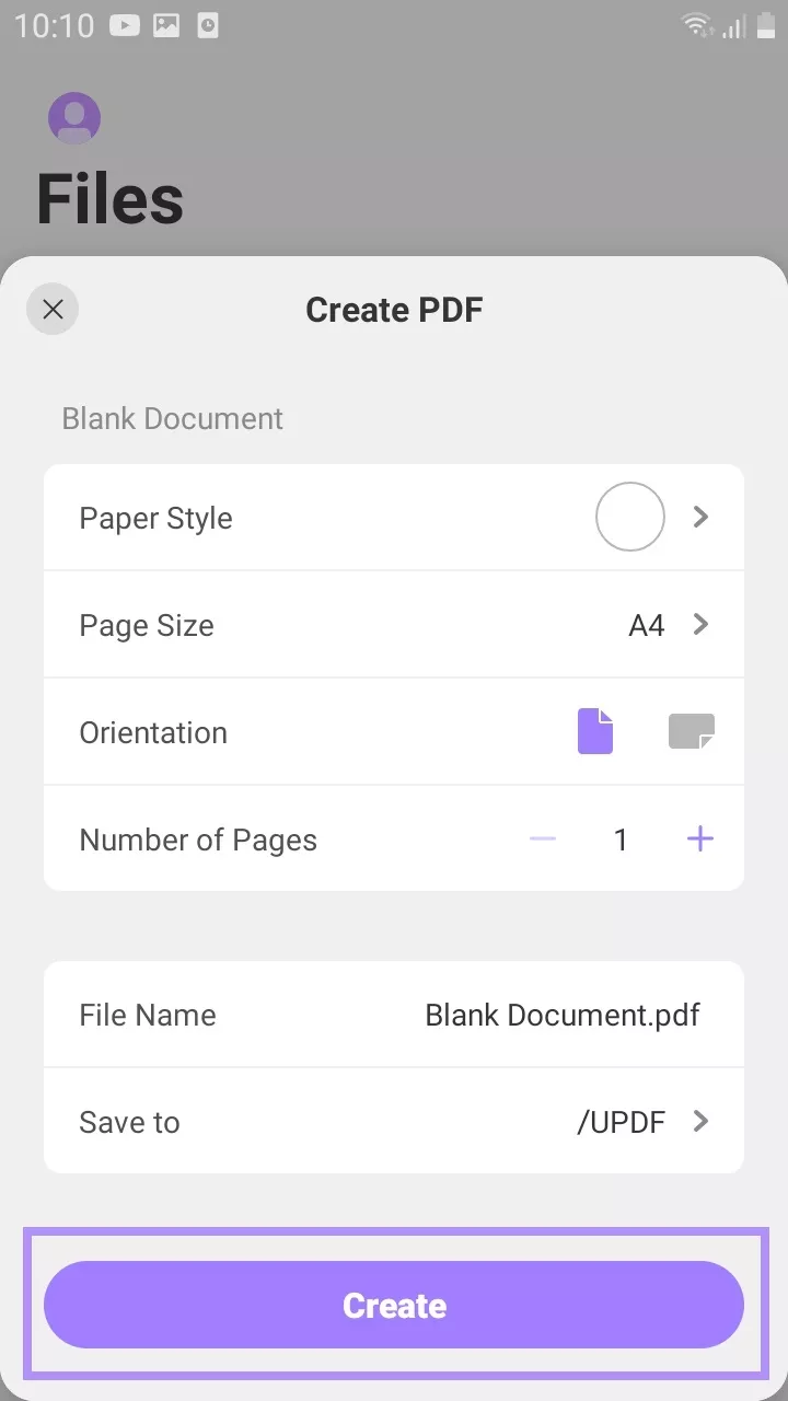 configure settings and click create updf android