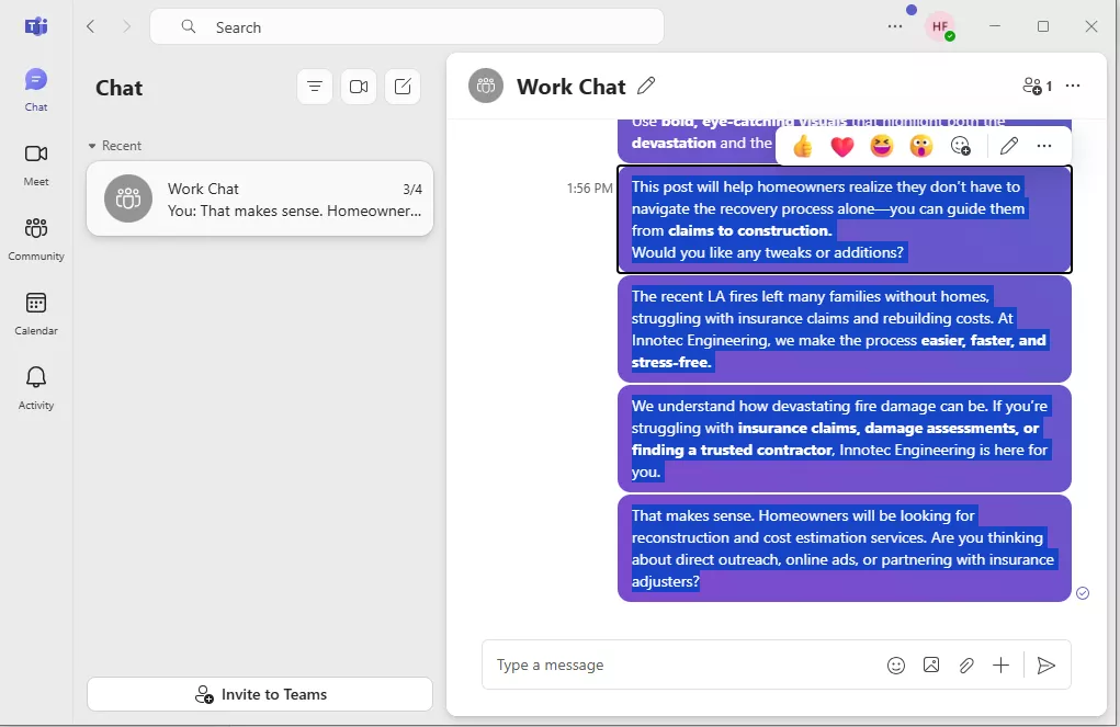 copy the teams chat