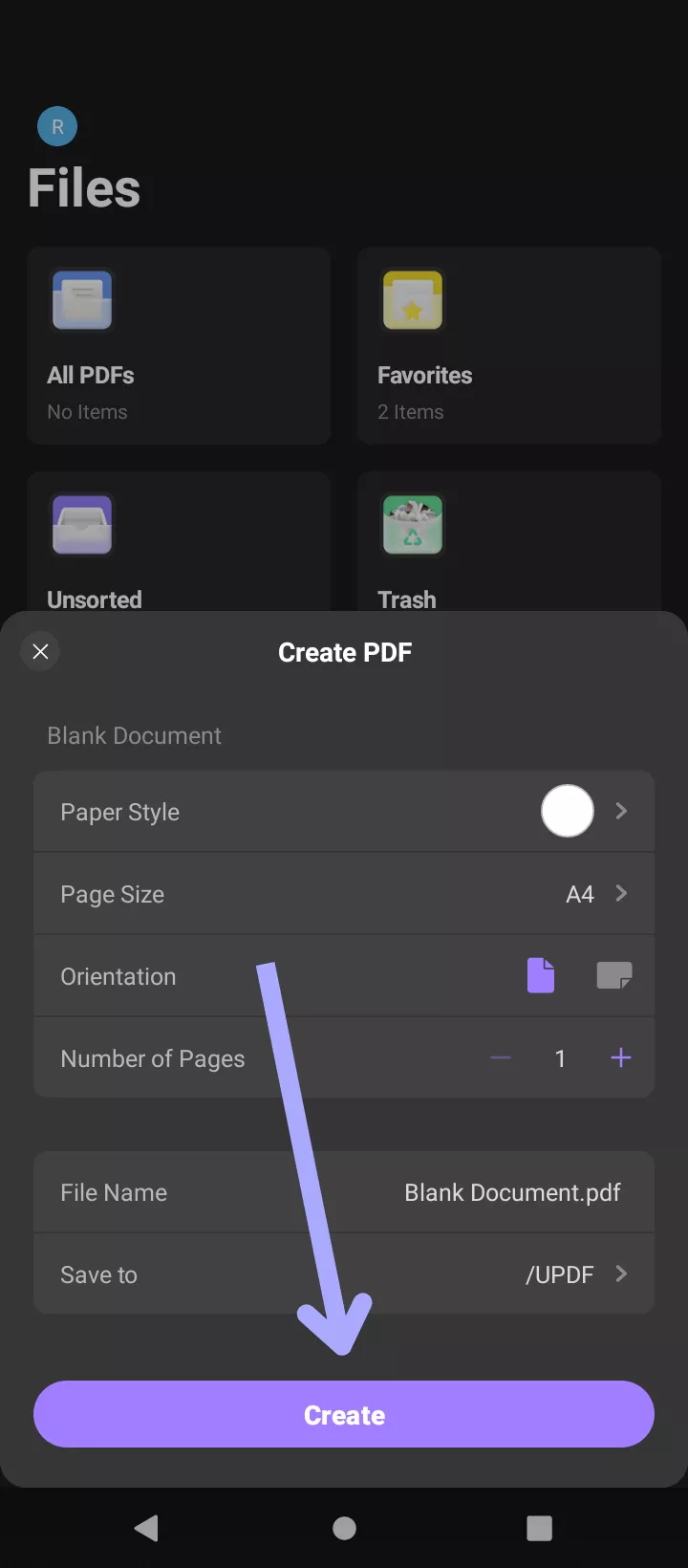 create blank pdf updf android