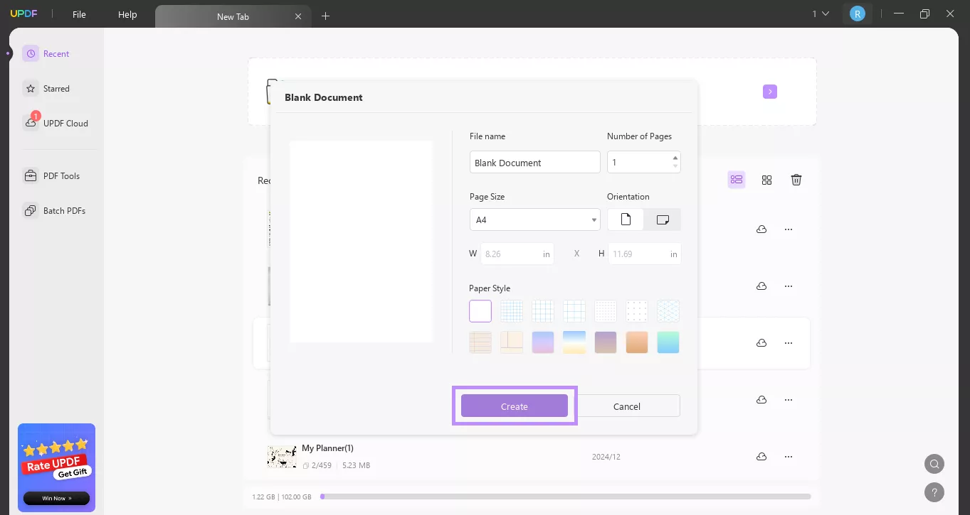 customize the page settings and click create updf
