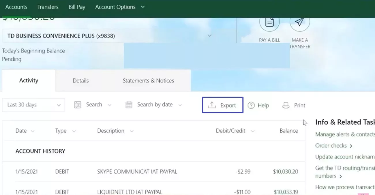 click export to save statement