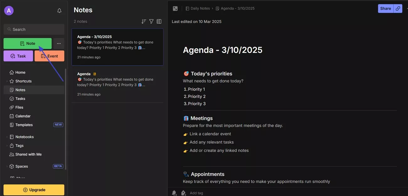 create notes on evernote