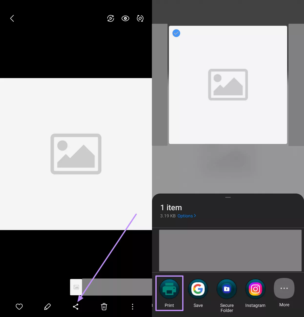select print option from sharing menu gallery