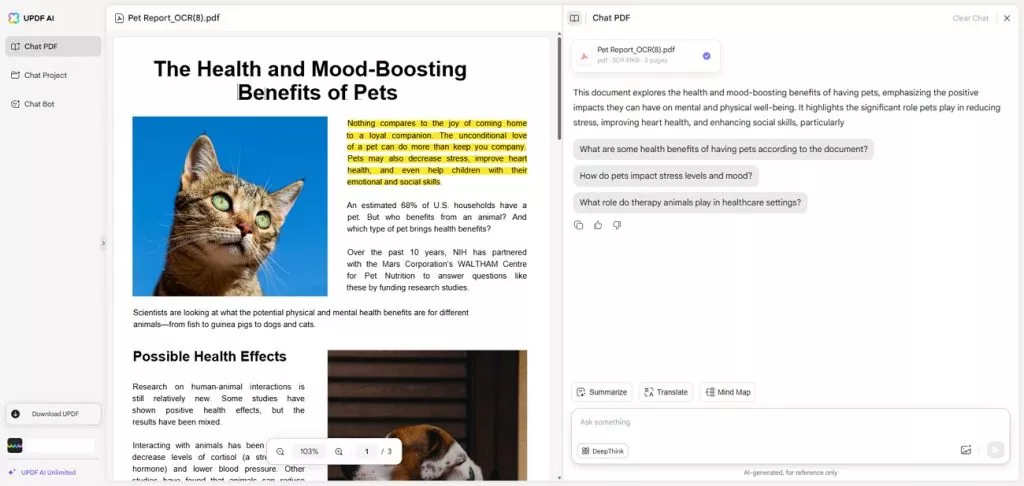 summarize pdf content with updf ai