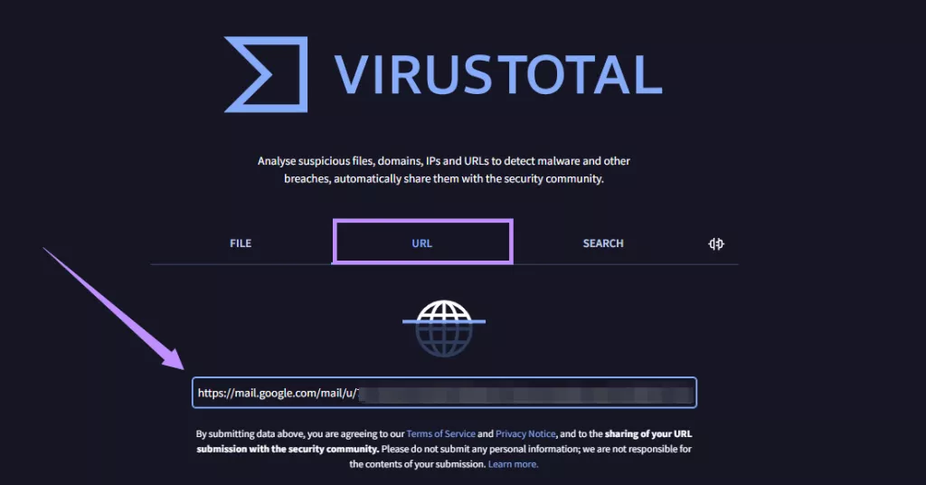 paste url in virustotal