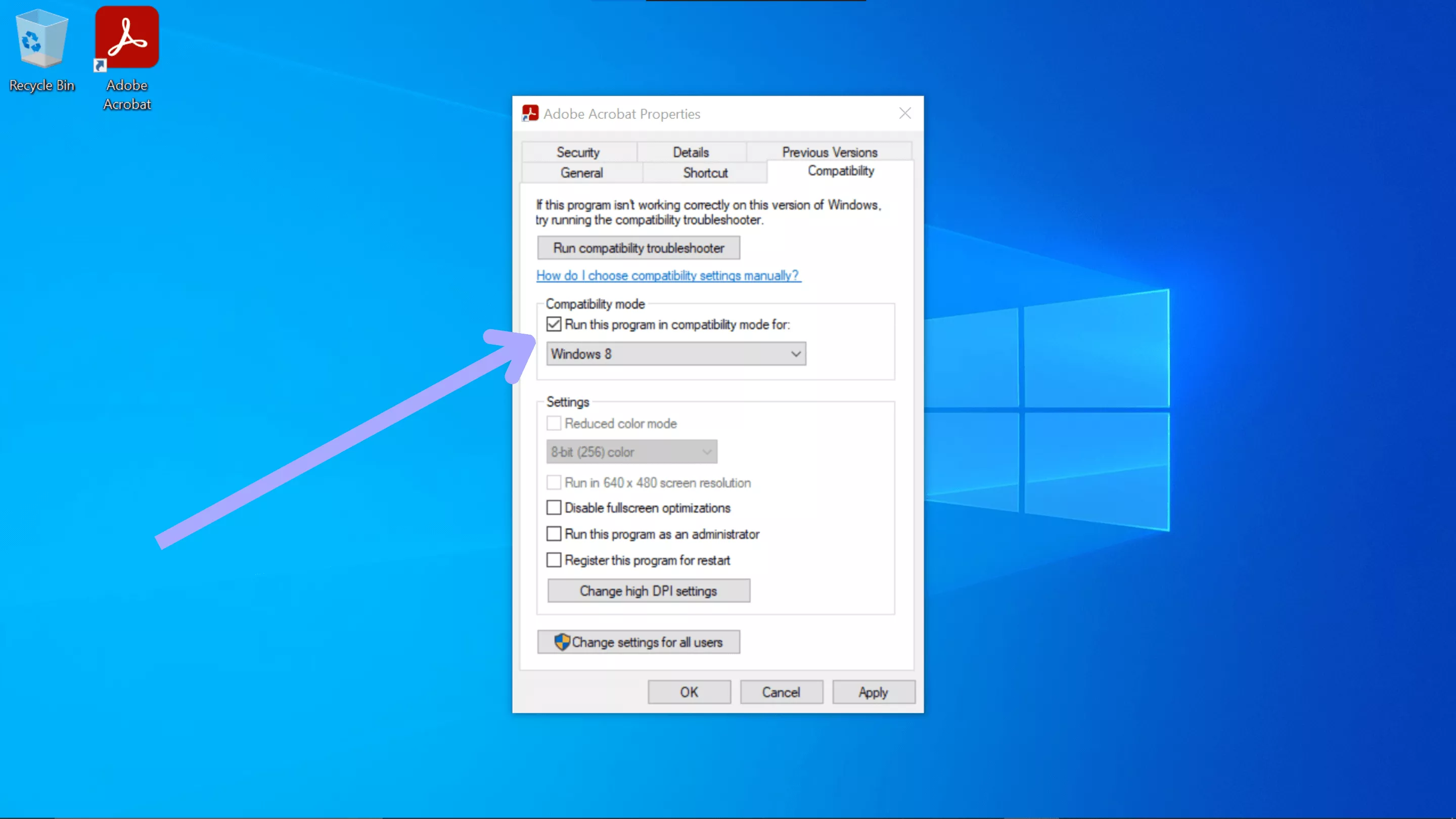 run win 8 compatibility mode for acrobat