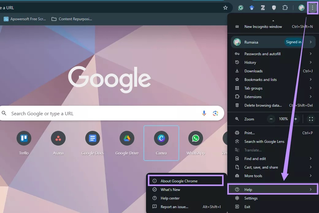 select about google chrome under help
