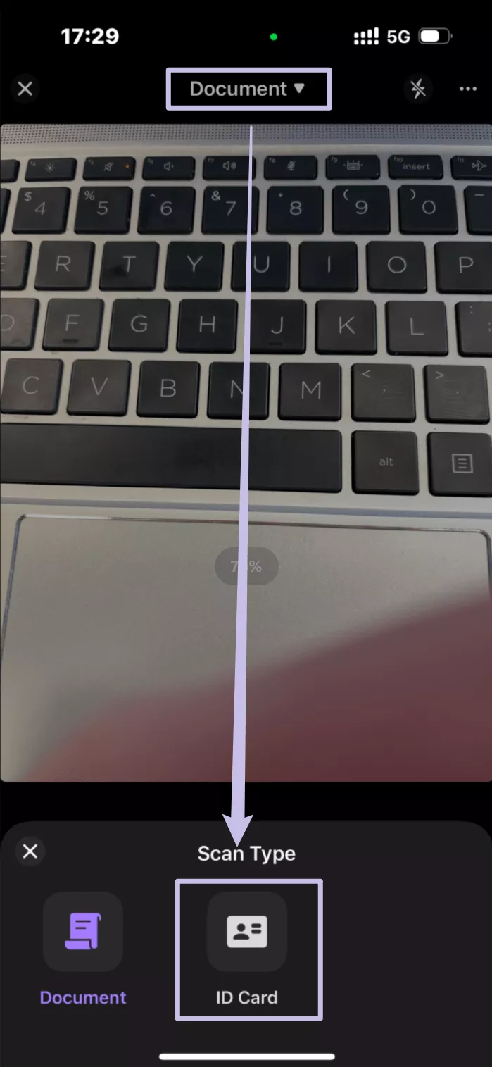 selecting id card as the scan type iphone and ipad