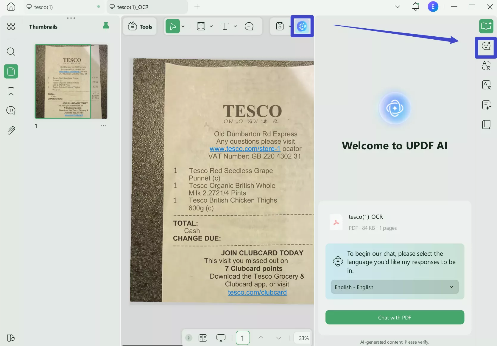UPDF's AI receipt OCR