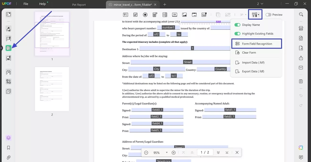 use form field recognition option