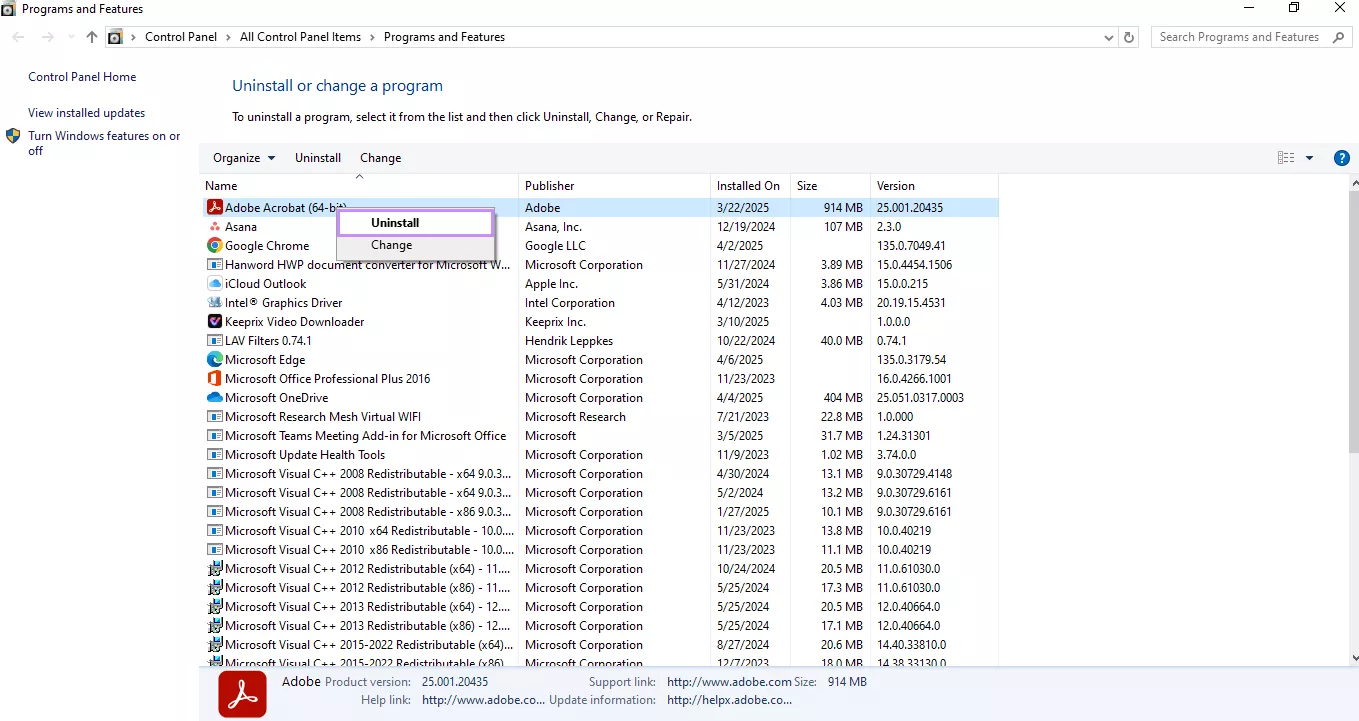 uninstall adobe acrobat.