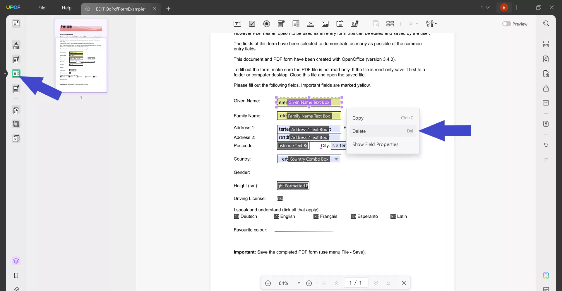 delete lines in a PDF under the Prepare Form mode
