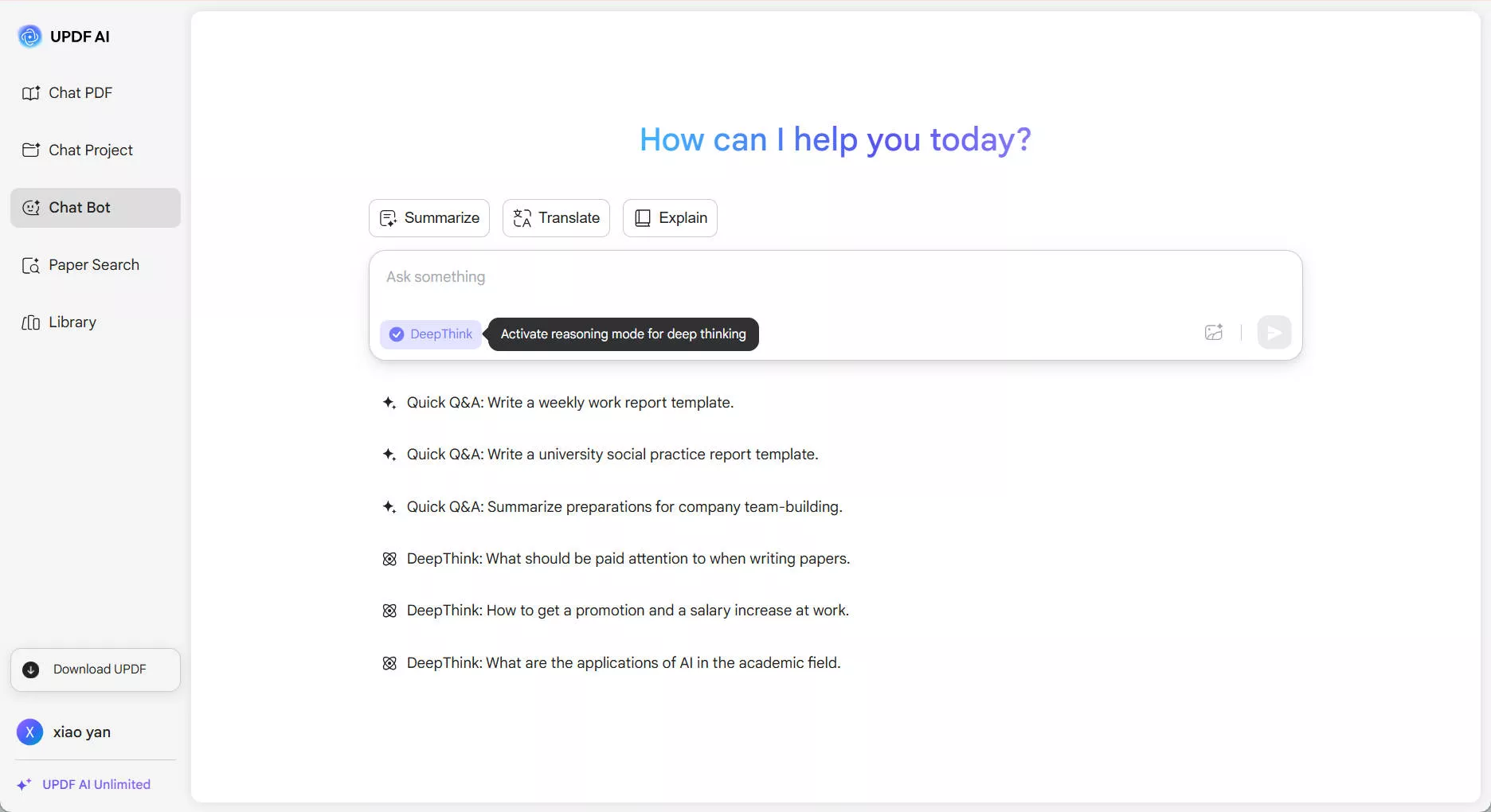 enable deepseek with updf ai online in chatbot