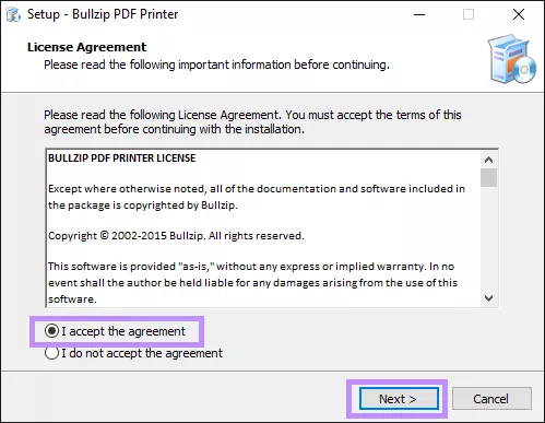 accept the license agreement for bullzip pdf printer