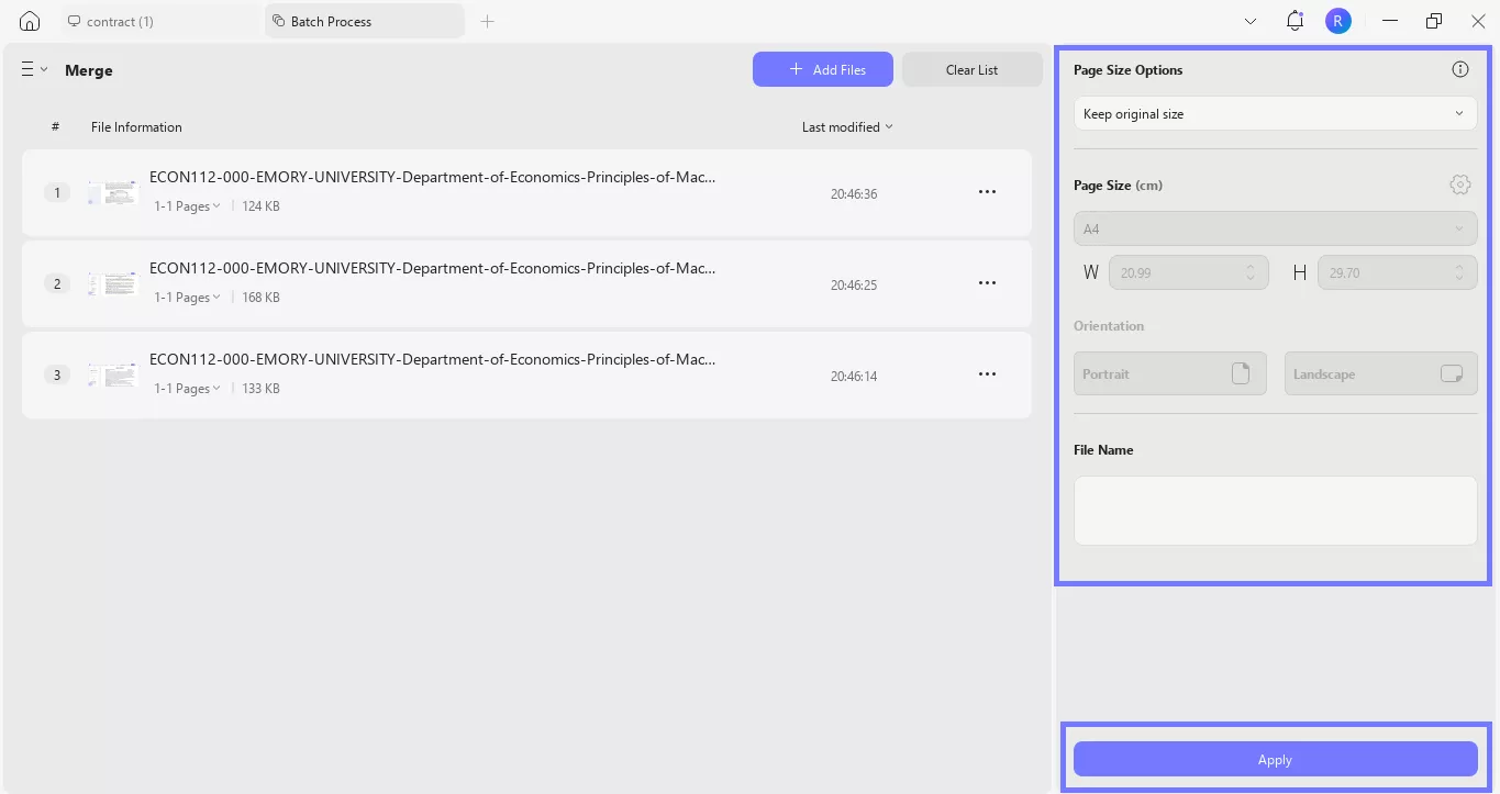 add file name and click apply to merge updf windows