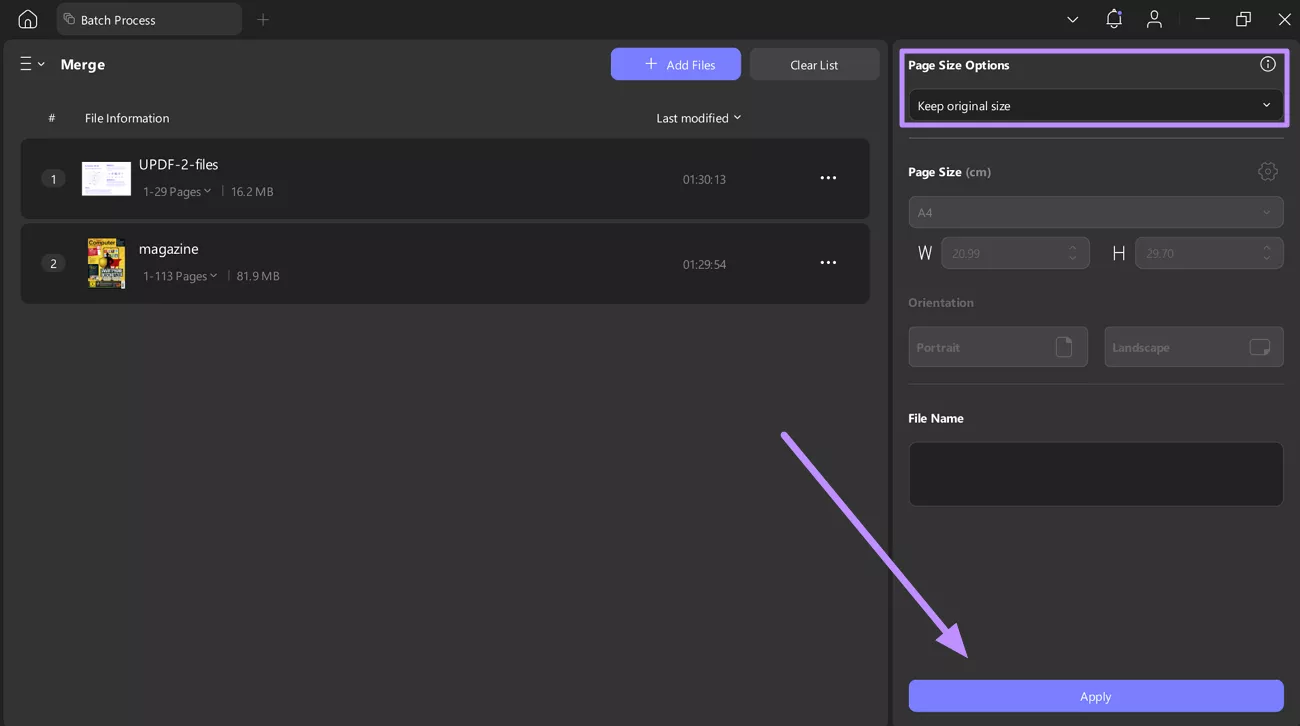 adjust settings and save merged file updf windows