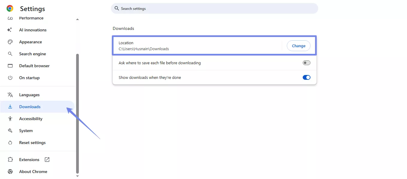 change the download location chrome