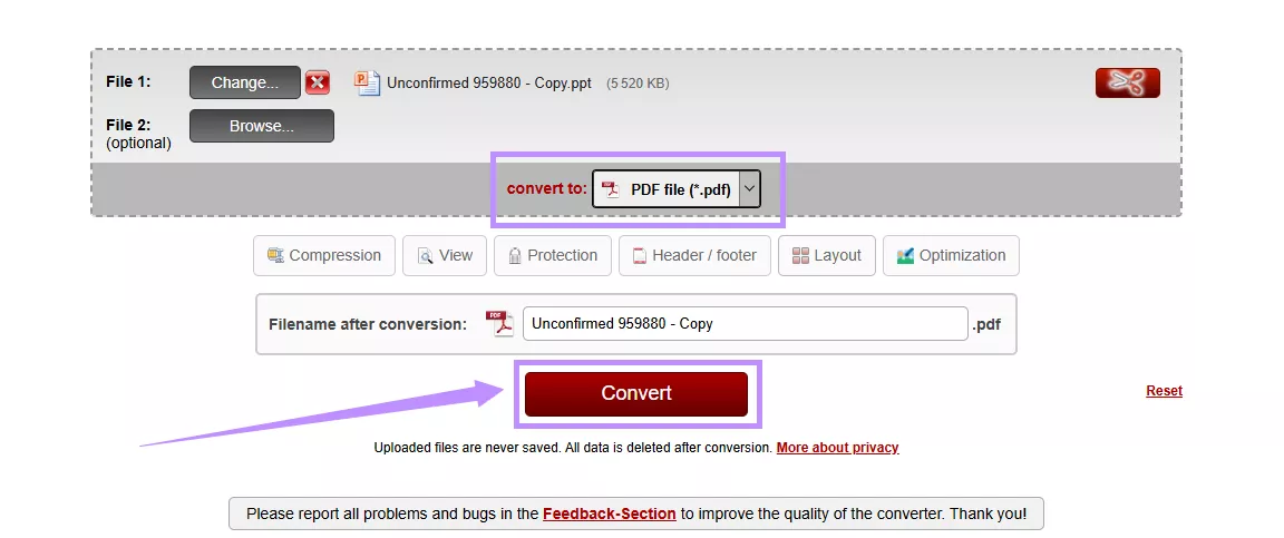 choose pdf file and click convert online2pdf