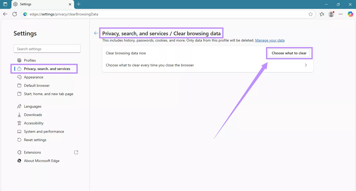click on choose what to clear edge