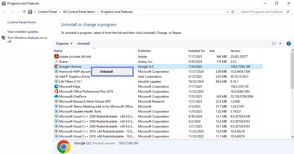 click uninstall for chorme