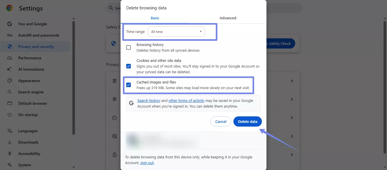 delete cached memory chrome