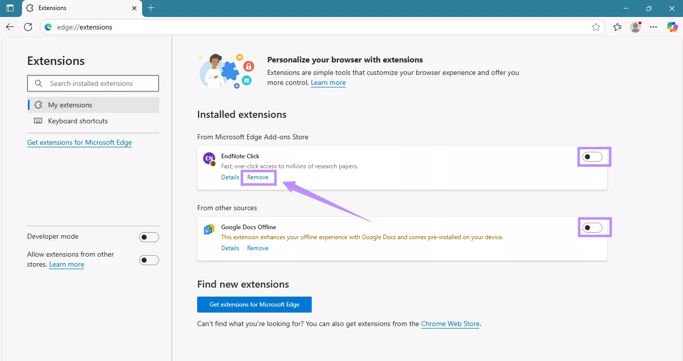 disable or remove extensions in edge