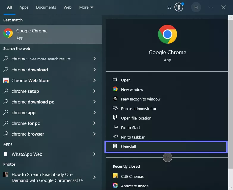 find chrome and click uninstall