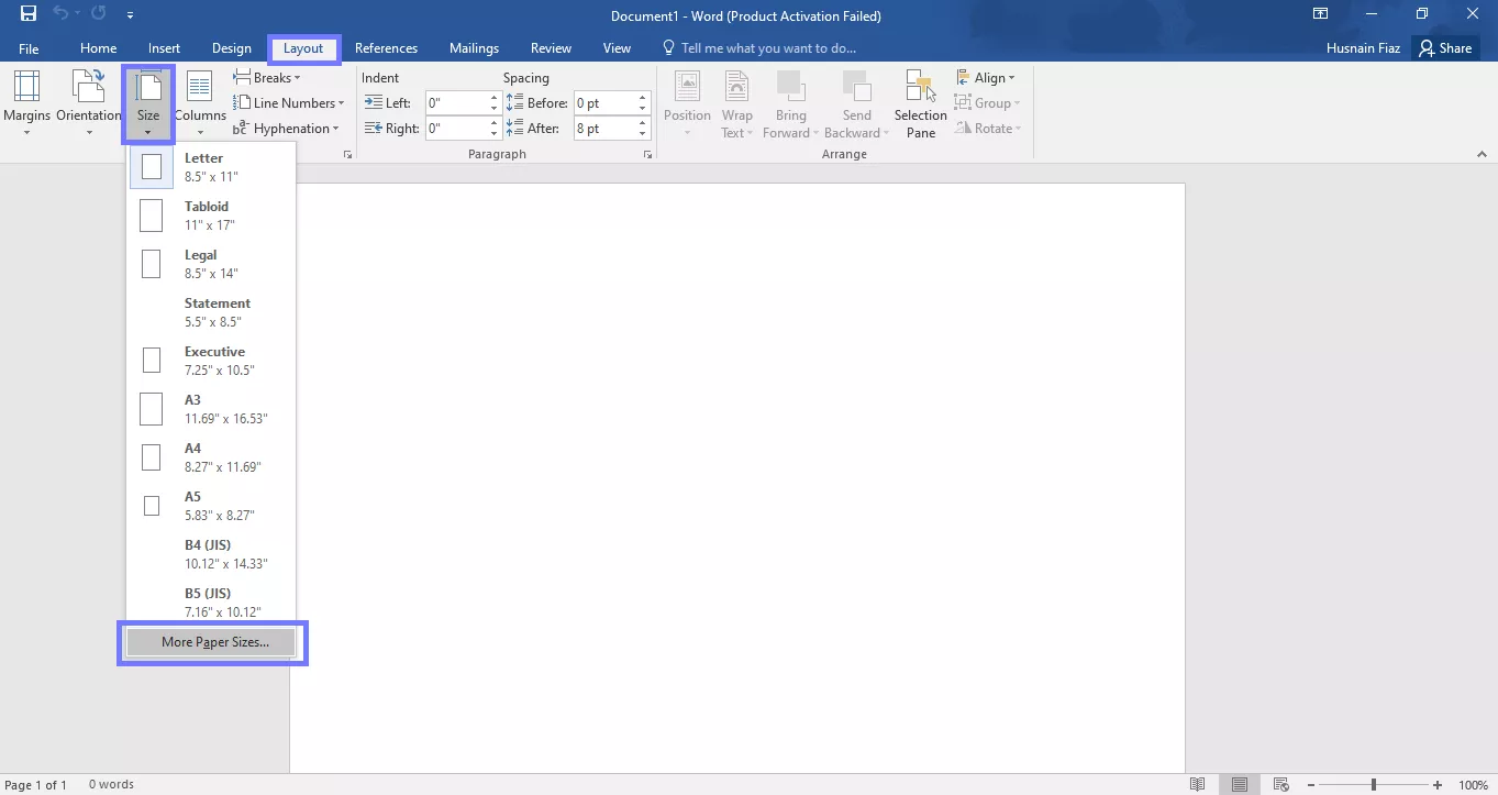 go to the more paper size option word