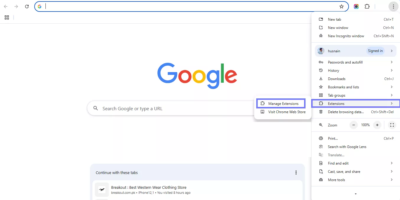 navigate to manage extensions chrome