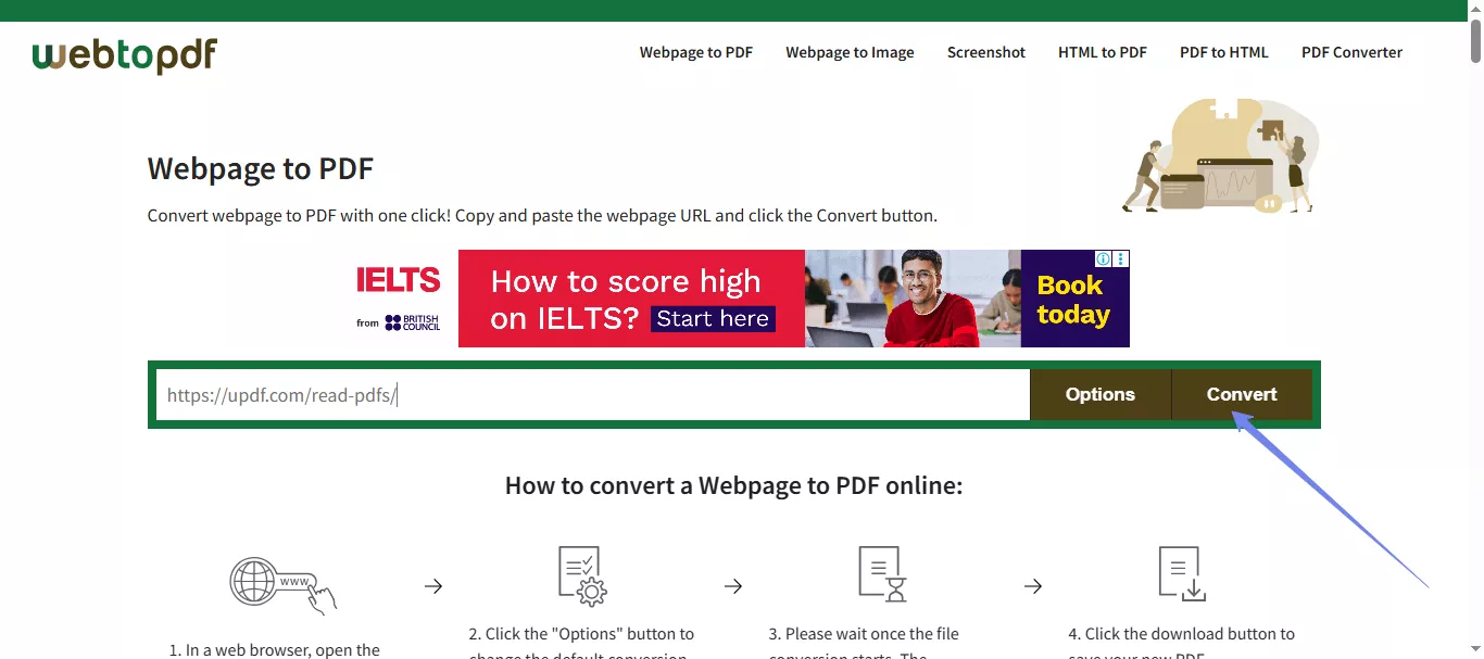 paste the url and click convert webtopdf