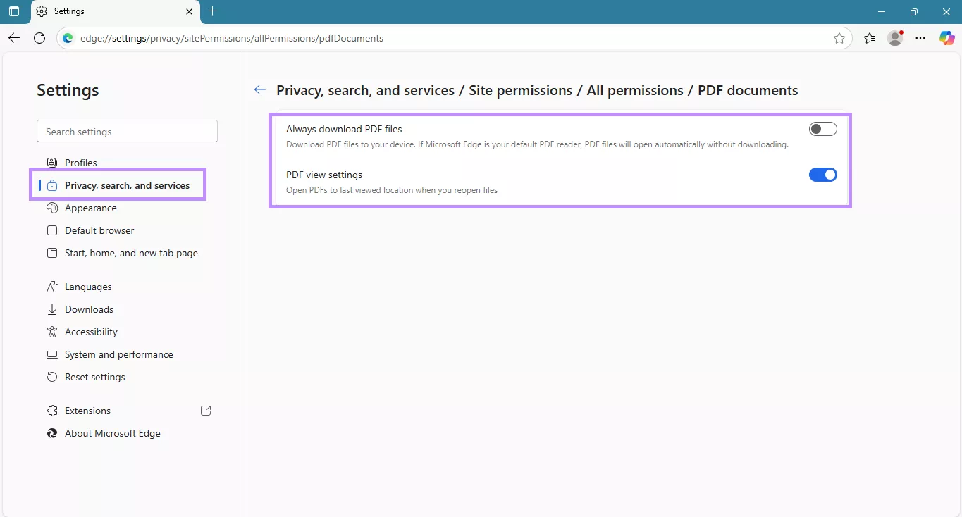 pdf document settings in edge