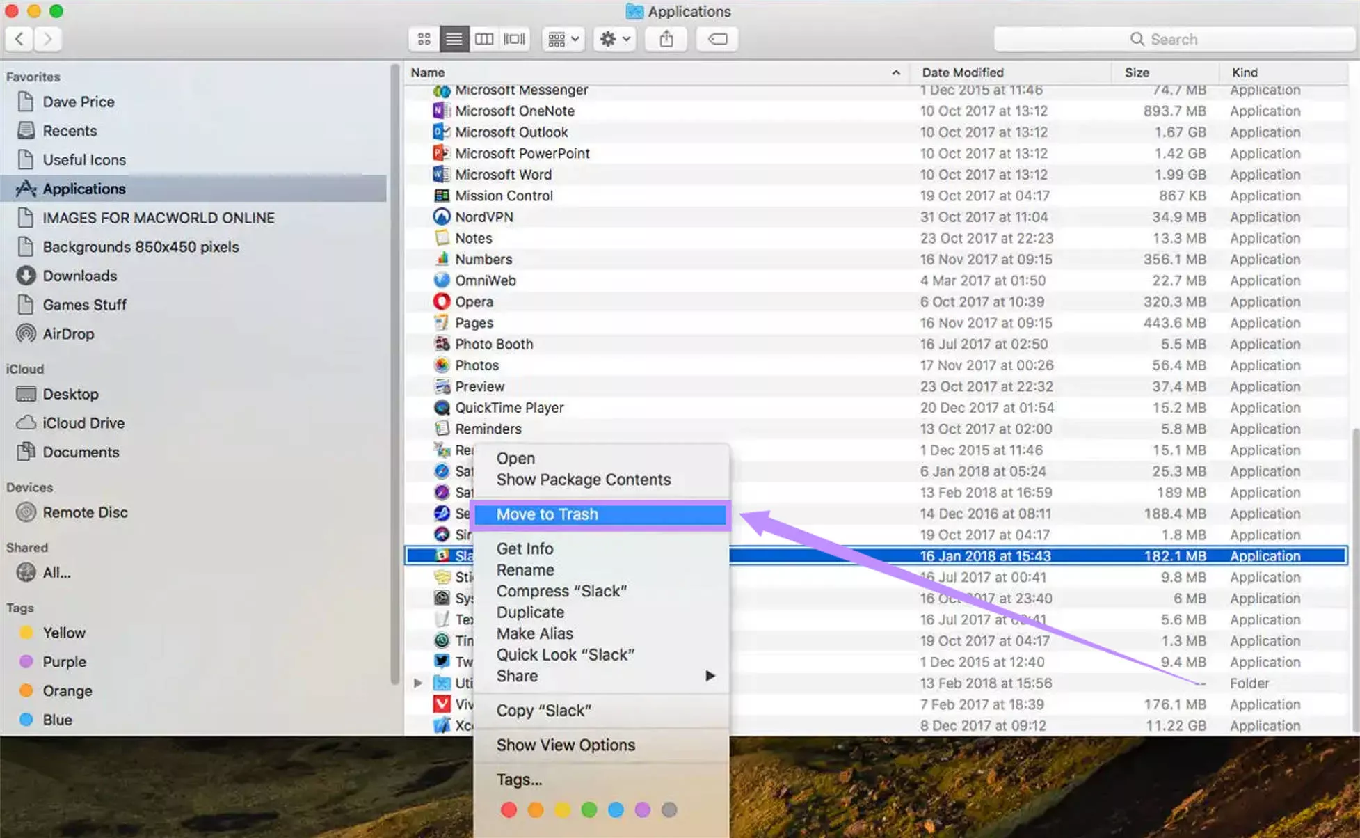 right click and choose move to trash mac