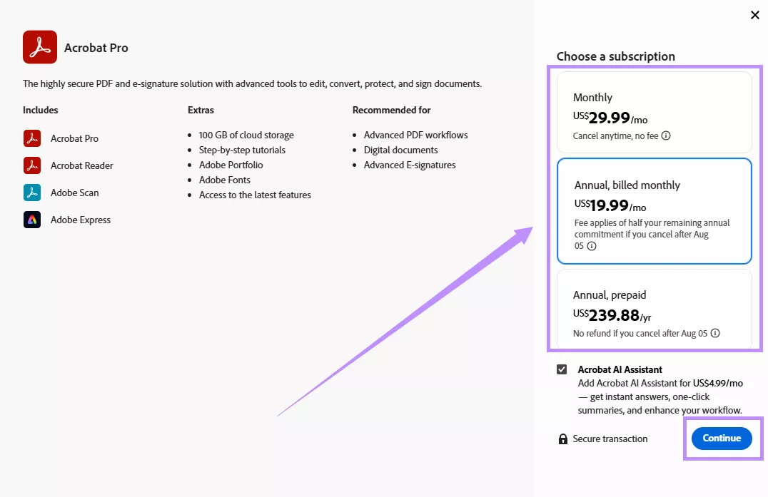 select a subscription tier for acrobat