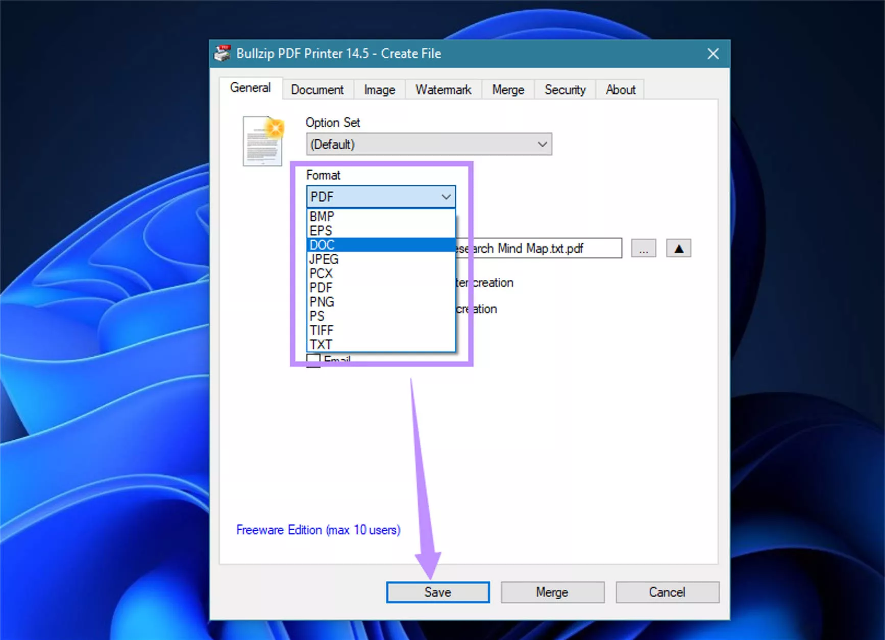 select any file format and click save bullzip pdf printer