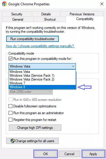 select windows 8 and click ok chrome